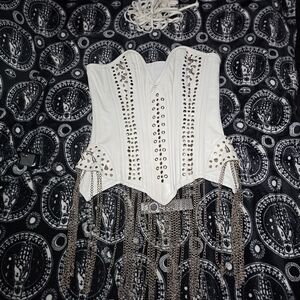 White Studded Corset Top with Chain Fringe